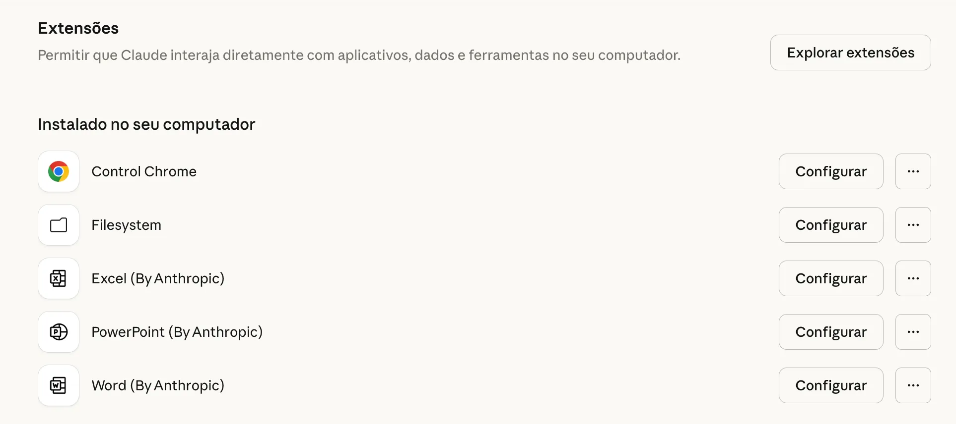 Tela de extensões do Claude mostrando PowerPoint, Word e Excel ativas
